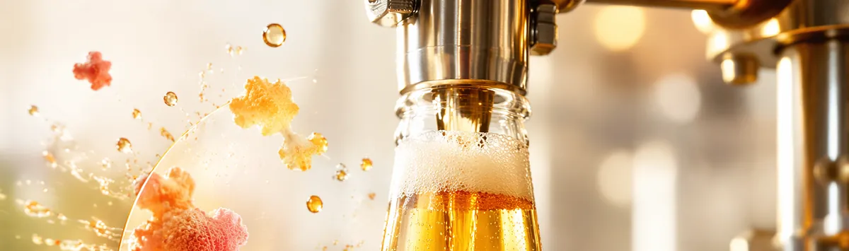 Beer being filled into a glass bottle on a filling line, the packaging step where oxygen pick-up shortens shelf life