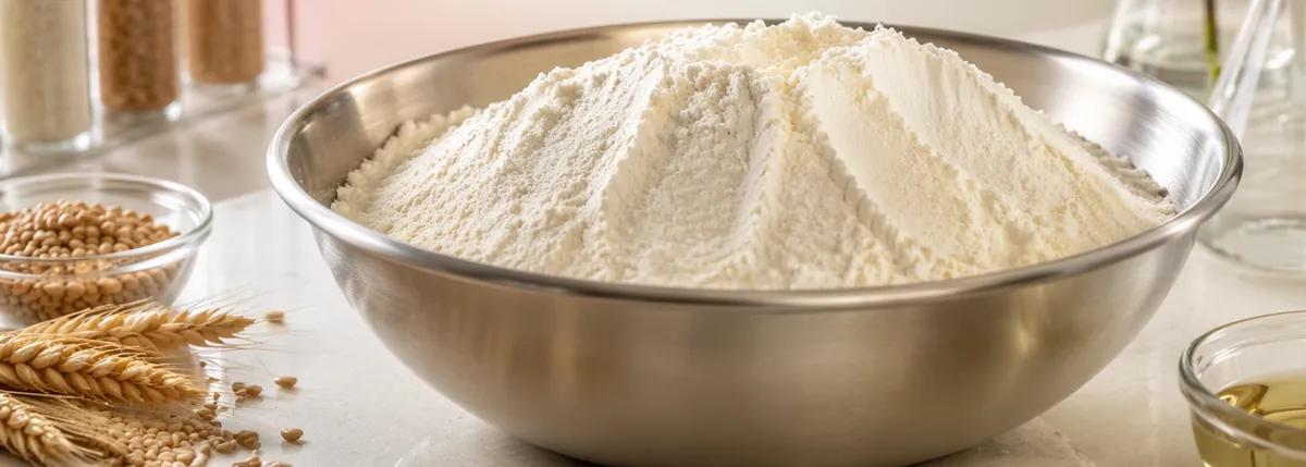 Bowl of wheat bread flour, the base that bread improver blends with glucose oxidase are dosed into
